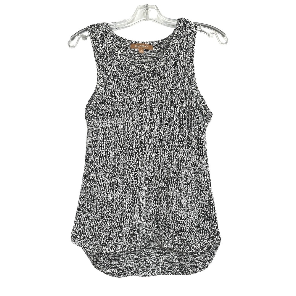 Ellen Tracy Sweater Tank Women Black White Marled Knit High Low Modern Chic S